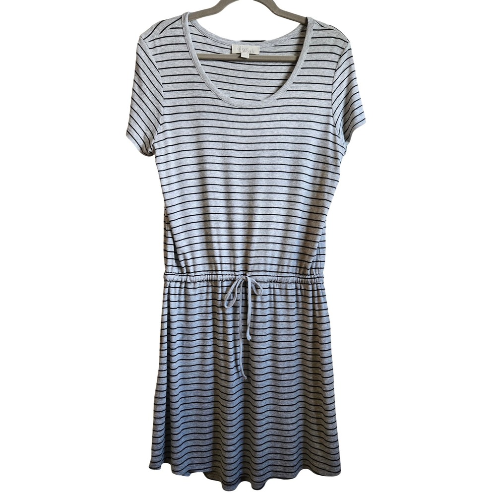 Olive & Oak Womens L Comfy Grey Black Striped Ribbed Knit Drawstring Waist Dress